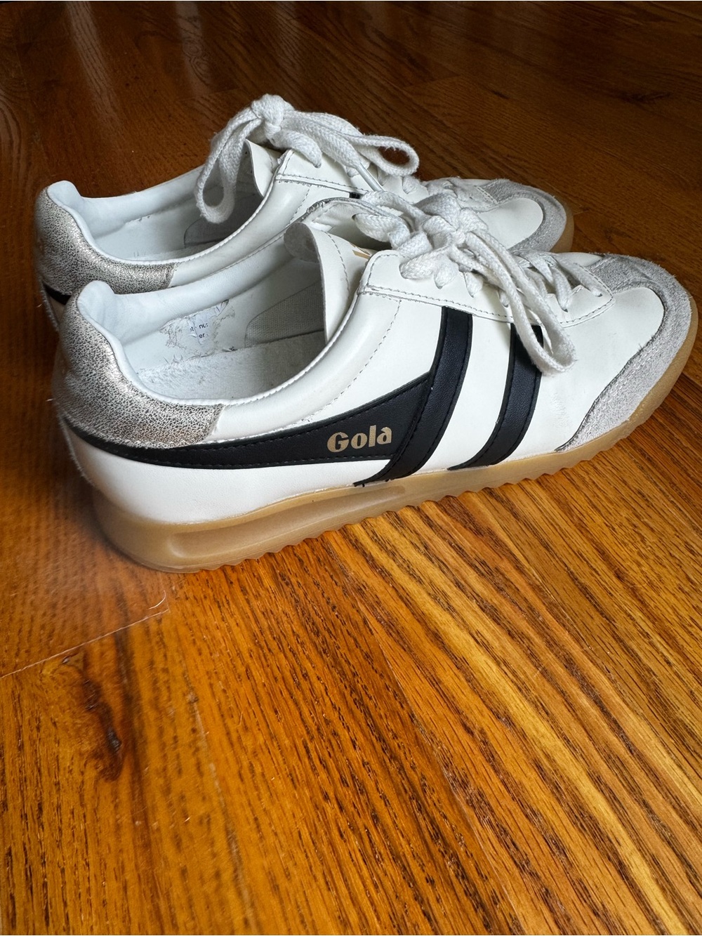 Gola Womens White Sneakers with Black Stripes and Suede Toe